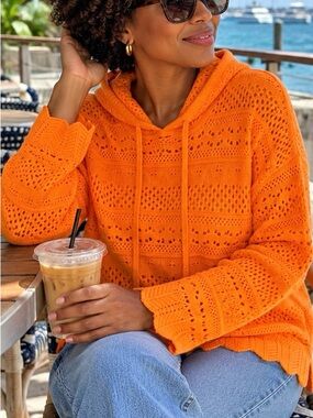 NWT C by Bloomingdale’s 100% Cashmere Pointelle Hoodie Orange XL